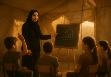 معلمی در حال تدریس در کلاس موقت پس از بحران، نماد آموزش در شرایط بحرانی و مقاومت معلمان