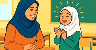 تصویر کارتونی یک معلم ایرانی در حال انگیزه‌بخشی به دانش‌آموز که با لبخند برای دانش‌آموزی با چهره‌ای شاد و نمادین شبیه خورشید دست می‌زند؛ در کلاسی روشن و رنگارنگ با فضای انگیزشی