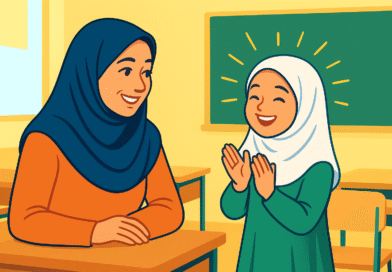 تصویر کارتونی یک معلم ایرانی در حال انگیزه‌بخشی به دانش‌آموز که با لبخند برای دانش‌آموزی با چهره‌ای شاد و نمادین شبیه خورشید دست می‌زند؛ در کلاسی روشن و رنگارنگ با فضای انگیزشی
