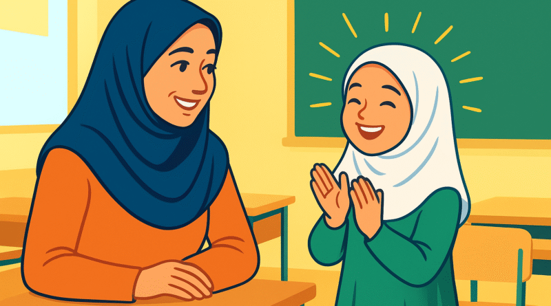 تصویر کارتونی یک معلم ایرانی در حال انگیزه‌بخشی به دانش‌آموز که با لبخند برای دانش‌آموزی با چهره‌ای شاد و نمادین شبیه خورشید دست می‌زند؛ در کلاسی روشن و رنگارنگ با فضای انگیزشی
